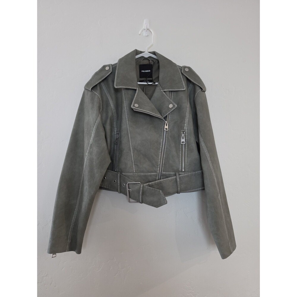 Pull & Bear Women's Faux Suede Moto Biker Jacket Olive Green Size L Belted NWOT